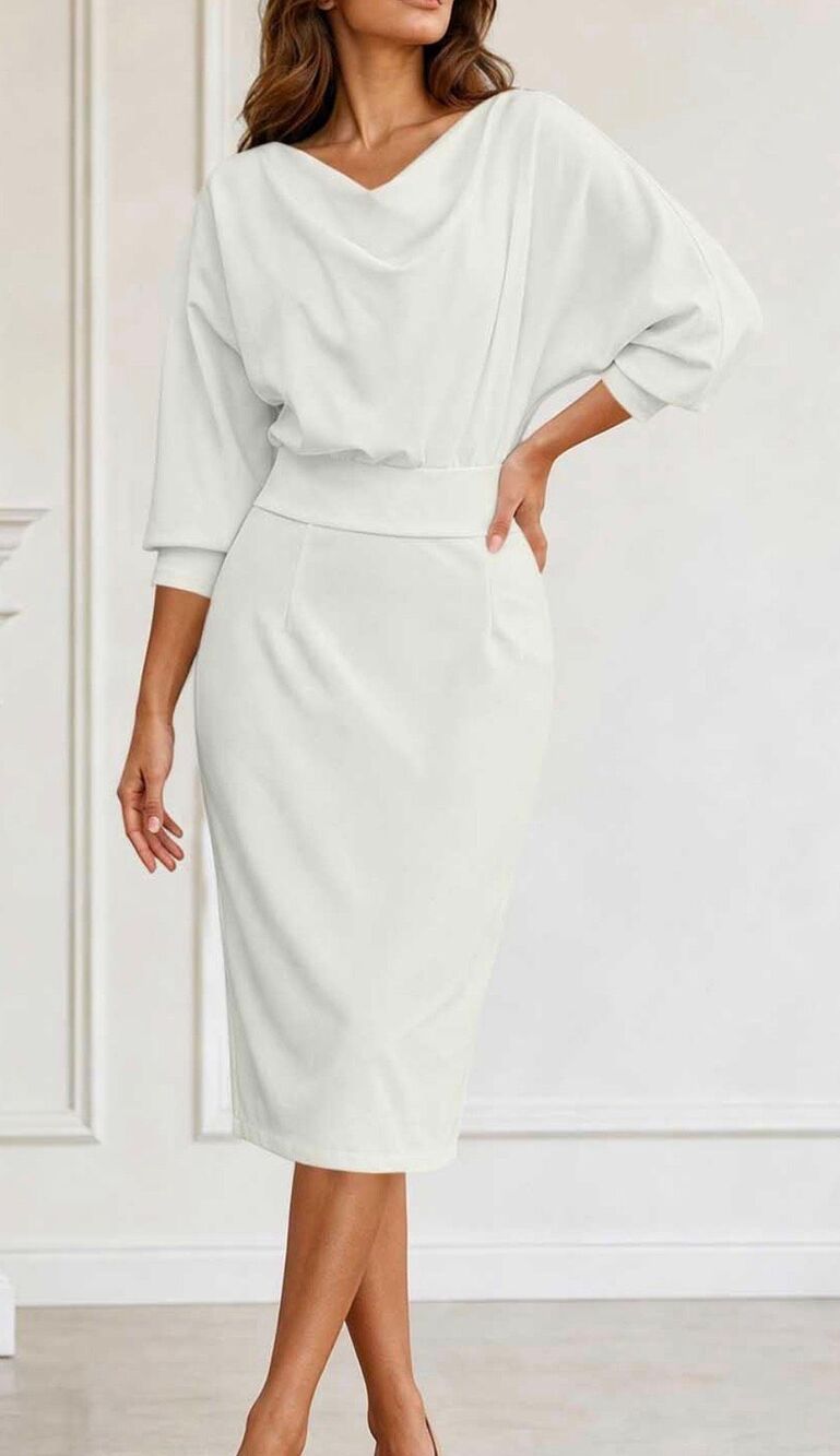 Boutique White Cowl Neck V Neck Bat Wing MIDI Dress Size XL NWOT